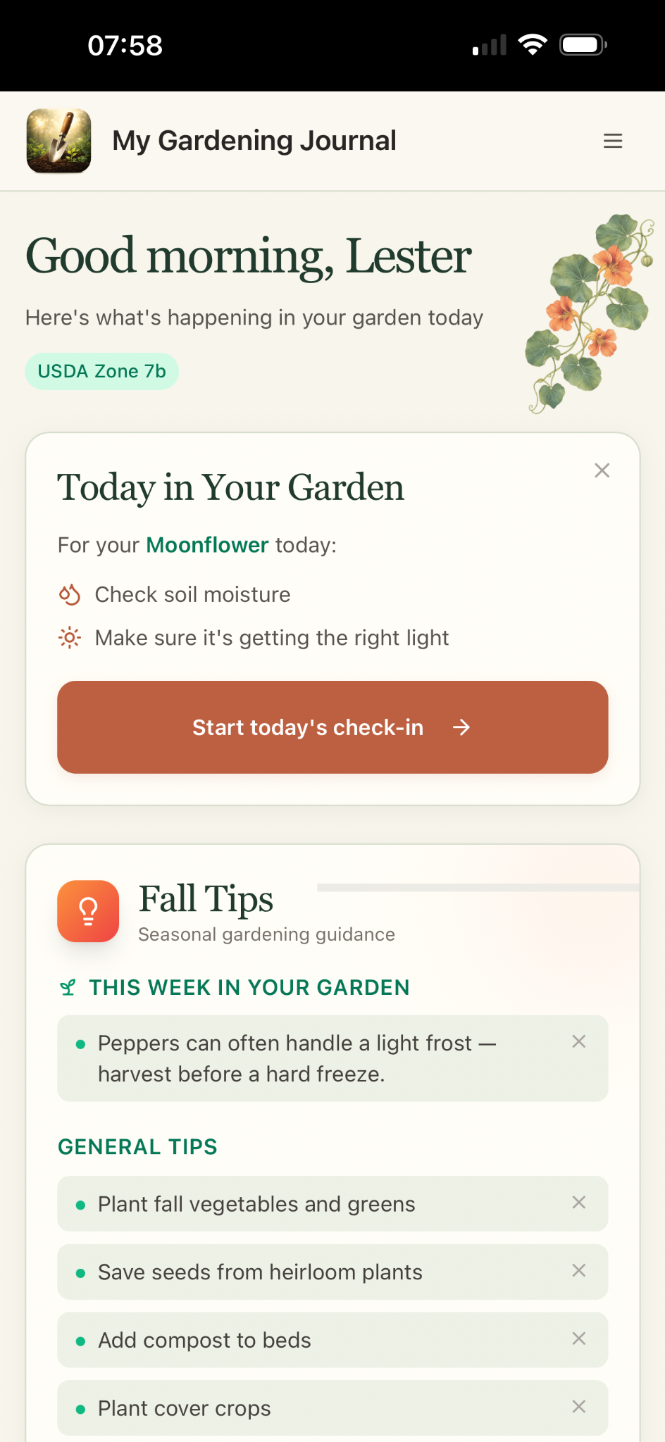 Garden Journal dashboard showing daily plant care, USDA Zone 7b, a garden check-in, and seasonal gardening tips.